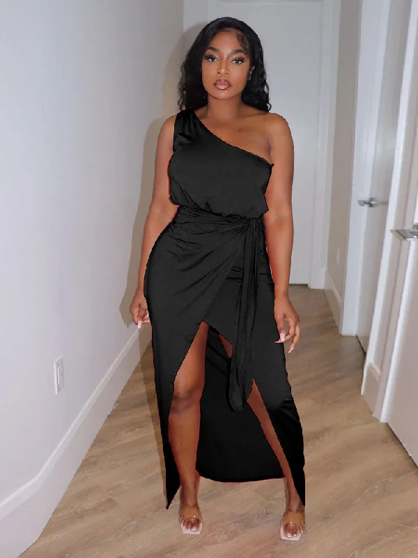 One Shoulder Sleeveless Ruched Split Maxi Dresses Fashionable Faux Wrap Maxi Dress