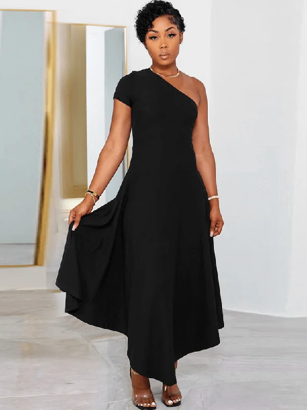 One Shoulder Solid Color Maxi Dress Chic Off-Shoulder Maxi Dress