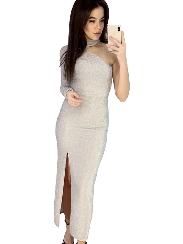 One Sleeve Glitter Split Maxi Dresses Elegant Maxi Dress with Belt