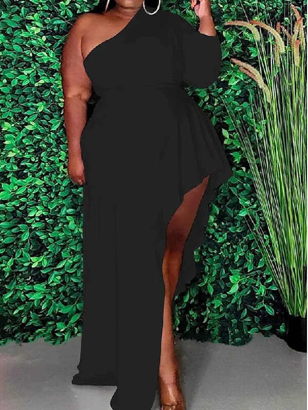 Plus Size One Sleeve Ruffle Asymmetrical Maxi Dress Comfortable Bohemian Maxi Dress