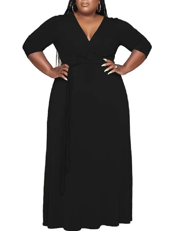 Plus Size V Neck Strappy Maxi Dresses Stylish Maxi Dress with Pleats