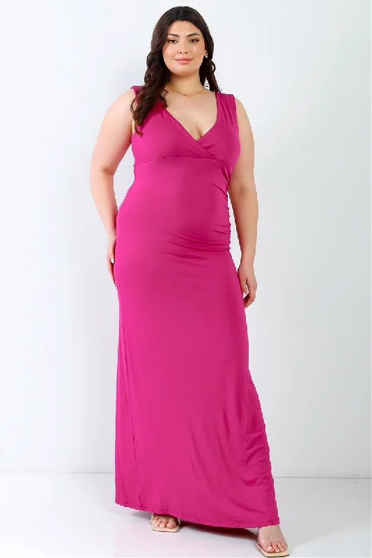 Plus V-neck Sleeveless Maxi Dress in Fuchsia Cozy Wrap Maxi Dress