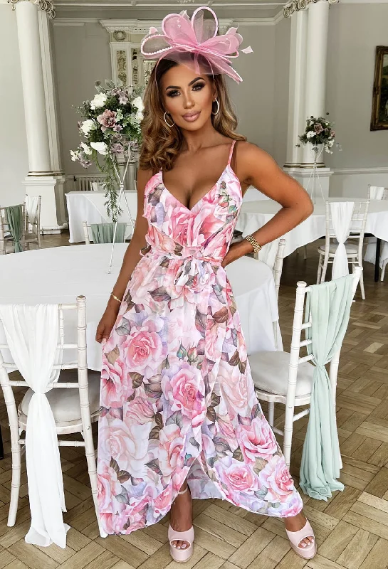 Pretty Florals Pink Floral Chiffon Cami Maxi Dress Fashionable High-Low Maxi Dress
