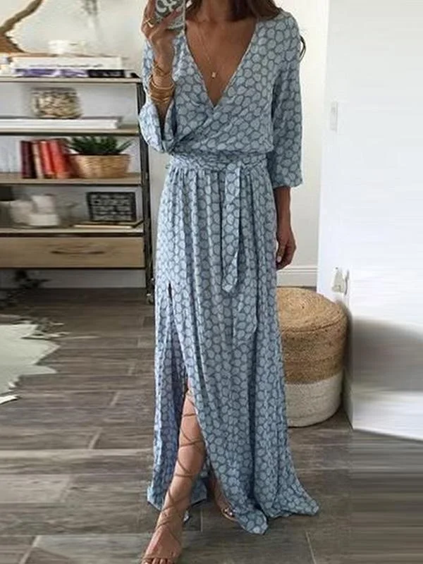 Print V Neck Belted Split Beach Maxi Dress Trendy Fit-and-Flare Maxi Dress