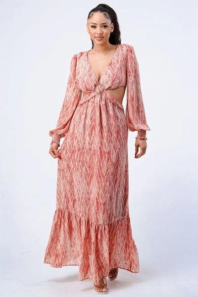 Printed V Neck Self Belted Side Cut Out Ruffled Maxi Dress in Terracotta Stylish A-Line Maxi Dress Printed V Neck Self Belted Side Cut Out Ruffled Maxi Dress in Terracotta Stylish A-Line Maxi Dress