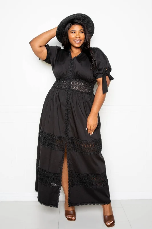 Puff Sleeve Maxi Dress With Lace Insert in Black Stylish Maxi Dress with Pleats