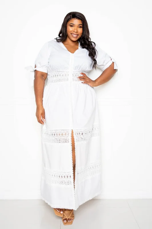 Puff Sleeve Maxi Dress With Lace Insert in White Comfortable Satin Maxi Dress