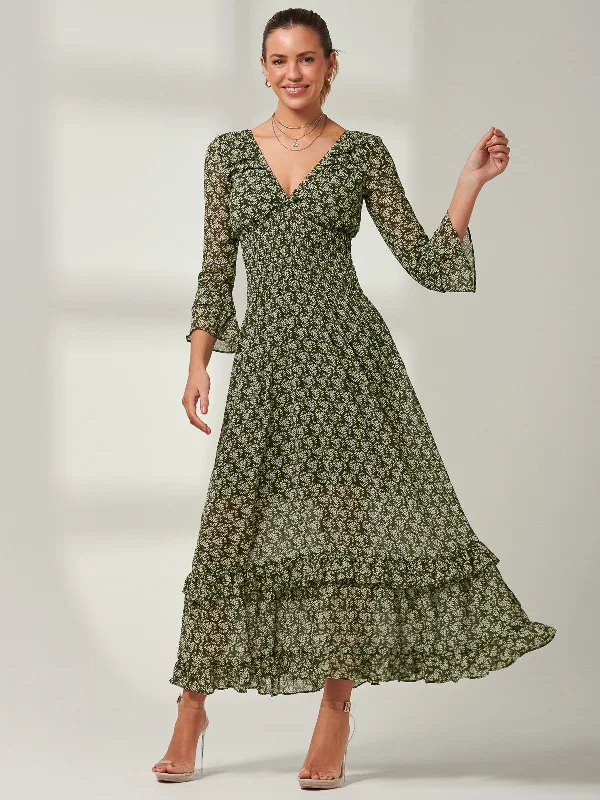 Qaiya Shirred Chiffon Maxi Dress, Green Floral Trendy Maxi Dress with Bow