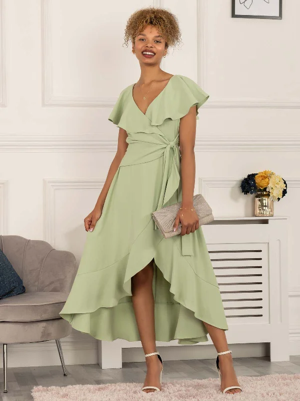 Racele Ruffle Plunging Maxi Dress, Green Chic Button-Up Maxi Dress