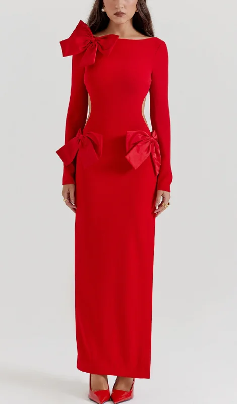 RED BOW EMBELLISHED MAXI DRESS Fashionable High-Waist Maxi Dress