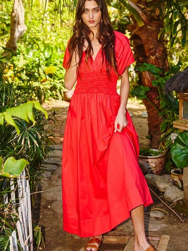 RED SMOCKED WAIST V-NECK MAXI DRESS WITH POCKETS Stylish Button-Up Maxi Dress