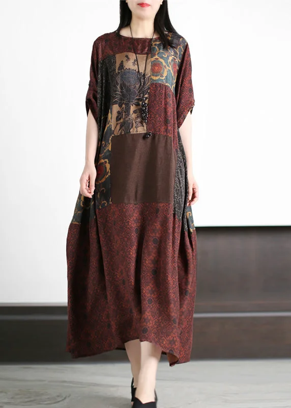 Retro Dark Red Patchwork Print Cozy Silk Maxi Dresses Summer Comfortable Fitted Maxi Dress Retro Dark Red Patchwork Print Cozy Silk Maxi Dresses Summer Comfortable Fitted Maxi Dress