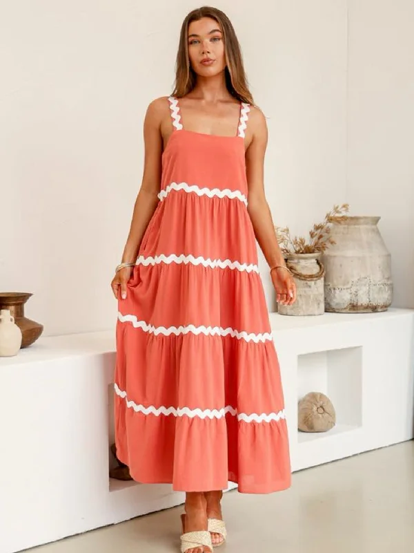 Ric Rac Tiered Linen Maxi Dress 57372 Comfortable Pleated Maxi Dress