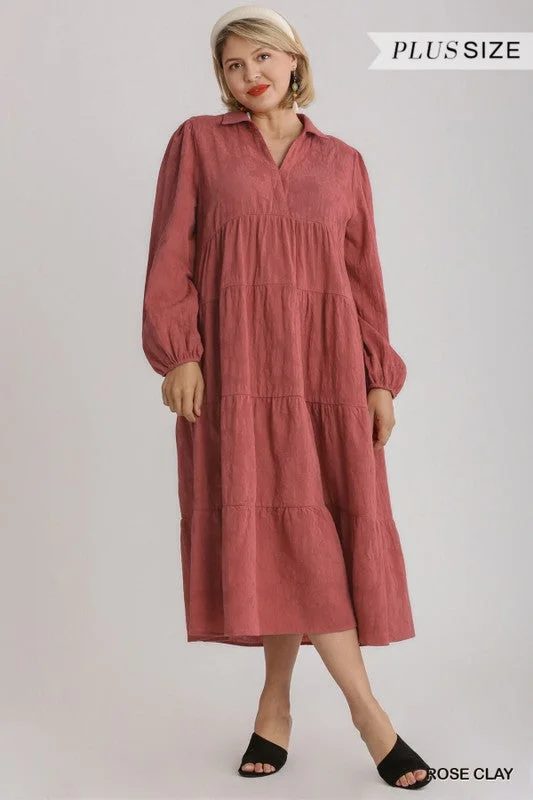 ROSE CLAY TEXTURED V NECK WITH COLLAR LONG SLEEVED TIERED MAXI DRESS Comfortable T-Shirt Maxi Dress ROSE CLAY TEXTURED V NECK WITH COLLAR LONG SLEEVED TIERED MAXI DRESS Comfortable T-Shirt Maxi Dress