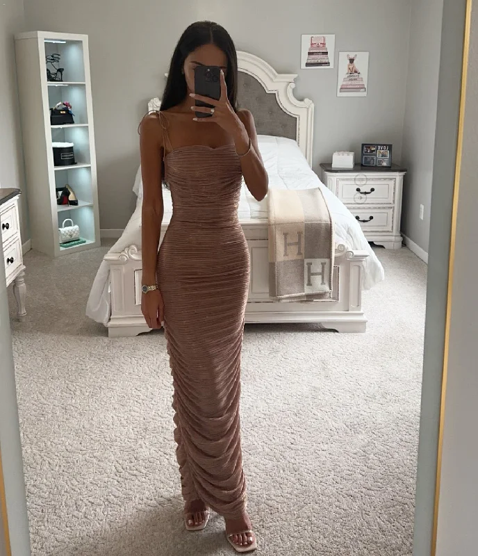 ROSE GOLD RUCHED CHIFFON MAXI DRESS Comfortable Bohemian Maxi Dress