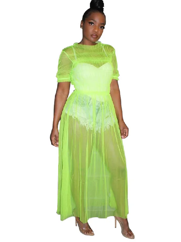 Ruffle Mesh Short Sleeve Maxi Dresses Trendy Short Sleeve Maxi Dress