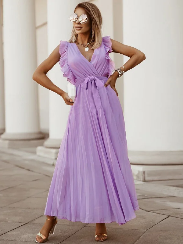Ruffle Sleeveless V Neck Wrap Front Maxi Dress Trendy Button Front Maxi Dress