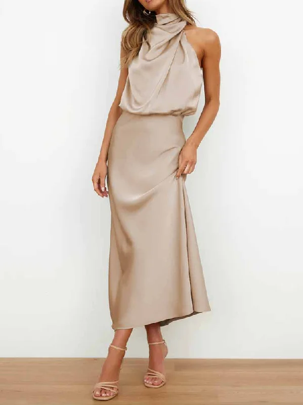 Satin Mock Neck Waist Maxi Dresses Classic A-Line Maxi Dress