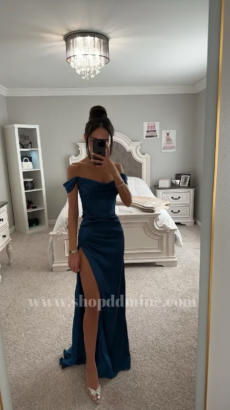 FRENCH NAVY SATIN OFF SHOULDER MAXI DRESS Trendy Floral Print Maxi Dress