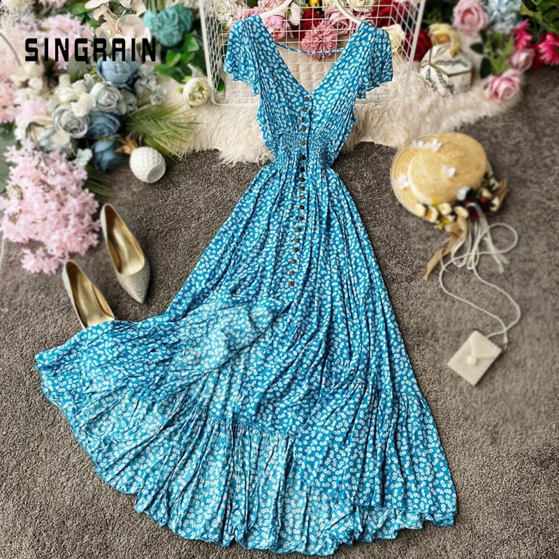 SINGRAIN Women Summer Floral Maxi Dress Bohemian Irregular Ruched Backless Ruffle Dress Vintage Long Cotton Print Beach Sundress Fashionable Layered Maxi Dress SINGRAIN Women Summer Floral Maxi Dress Bohemian Irregular Ruched Backless Ruffle Dress Vintage Long Cotton Print Beach Sundress Fashionable Layered Maxi Dress