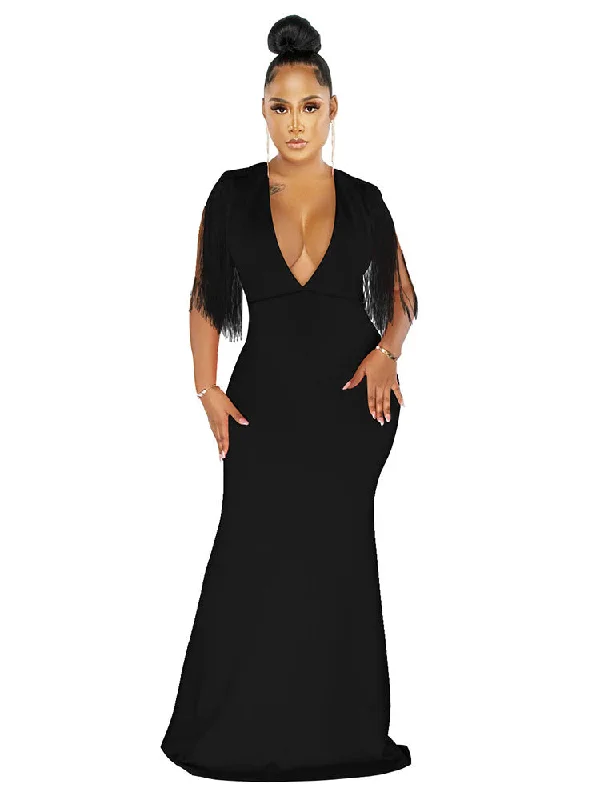 Sleeveless Tassel V Neck Maxi Dresses Comfortable Ruffle Hem Maxi Dress