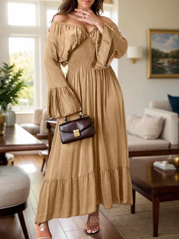 Smocked Flounce Sleeve Maxi Dress Comfortable Pleated Maxi Dress