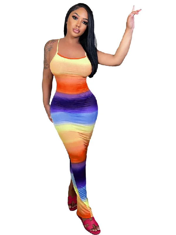 Spaghetti Strap Gradient Maxi Dresses Elegant Maxi Dress with Pockets