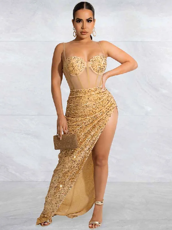 Spaghetti Strap Sequin Split Maxi Dressses Comfortable Flowy Maxi Dress