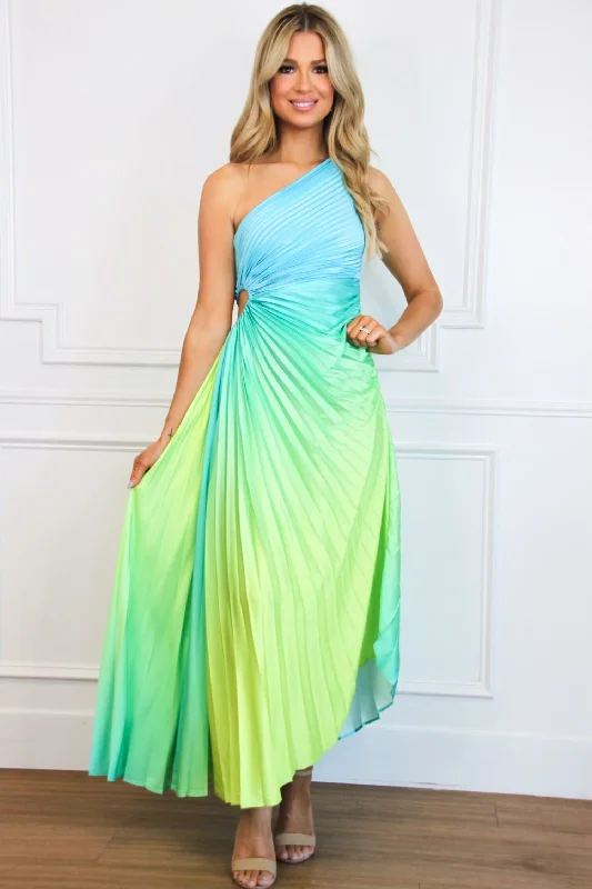 St Tropez Ombre Pleated One Shoulder Maxi Dress: Blue/Green Multi Chic Button-Up Maxi Dress St Tropez Ombre Pleated One Shoulder Maxi Dress: Blue/Green Multi Chic Button-Up Maxi Dress