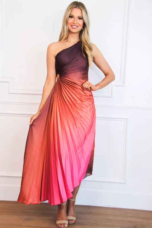St Tropez Ombre Pleated One Shoulder Maxi Dress: Coral/Rust Multi Classic Tulle Maxi Dress St Tropez Ombre Pleated One Shoulder Maxi Dress: Coral/Rust Multi Classic Tulle Maxi Dress