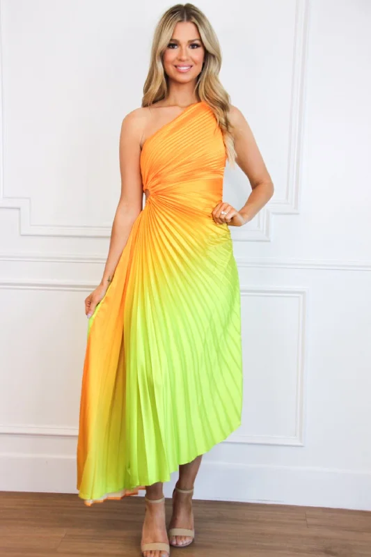 St Tropez Ombre Pleated One Shoulder Maxi Dress: Orange/Green Multi Elegant Sleeveless Maxi Dress St Tropez Ombre Pleated One Shoulder Maxi Dress: Orange/Green Multi Elegant Sleeveless Maxi Dress