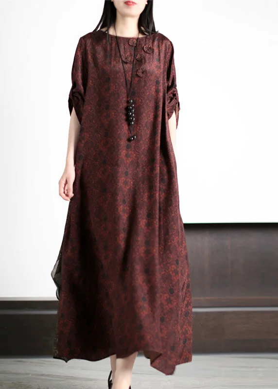 Stylish Dark Red O-Neck Print Silk Maxi Dress Summer Elegant Wraparound Maxi Dress