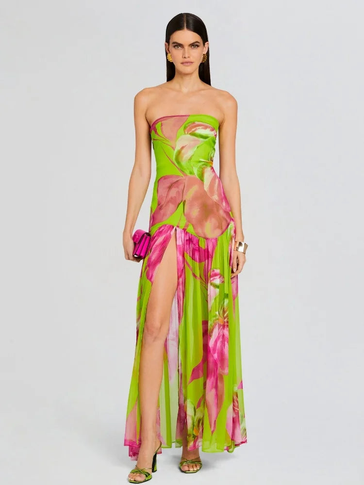 Strapless Print Backless Split Maxi Dress Elegant Boho Maxi Dress
