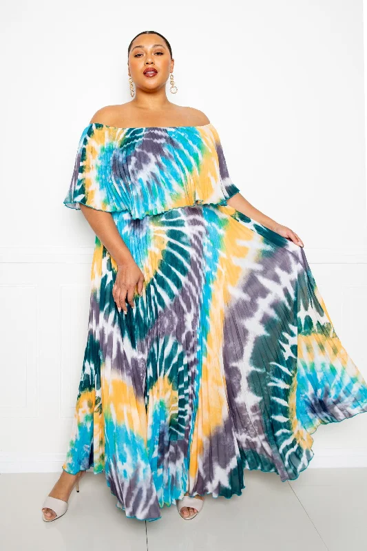 Tie Dye Off Shoulder Pleated Maxi Dress Trendy Ruffled Maxi Dress
