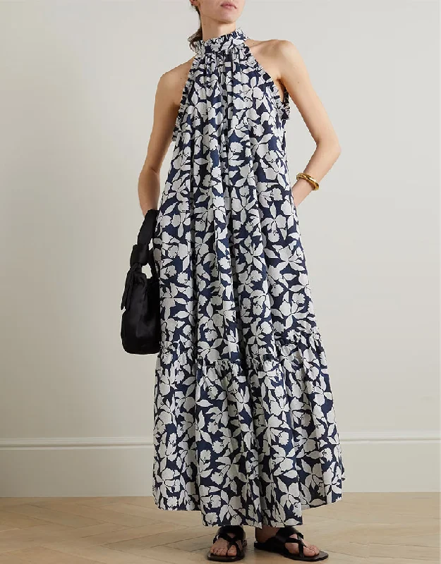 Tuna Blue Heavy Designer Digital Printed Maxi Dress Elegant Tiered Maxi Dress