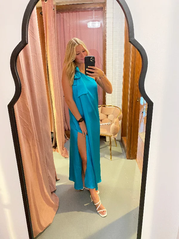 TURQUOISE ONE SHOULDER MAXI DRESS Chic Button-Up Maxi Dress