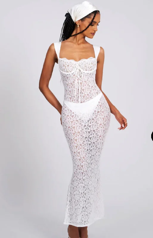 VERONICA WHITE LACE MAXI DRESS Elegant Lace-Up Maxi Dress