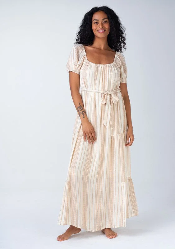 WHITE AND TAUPE STRIPED MAXI DRESS WITH SCOOP NECKLINE AND ELASTIC WAIST Stylish Longline Maxi Dress WHITE AND TAUPE STRIPED MAXI DRESS WITH SCOOP NECKLINE AND ELASTIC WAIST Stylish Longline Maxi Dress