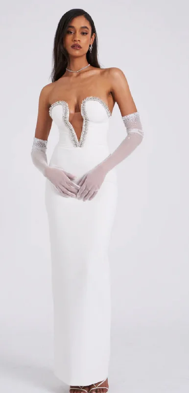WHITE CRYSTAL EMBELLISHED MAXI DRESS Classic Solid Maxi Dress