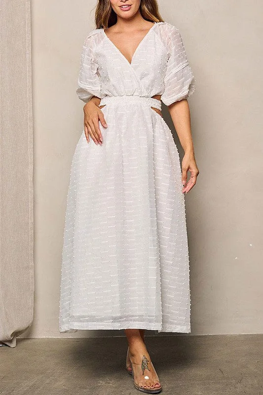 WHITE SHORT SLEEVE V-NECK MAXI DRESS WITH WAIST CUT OUTS Comfortable Cotton Maxi Dress WHITE SHORT SLEEVE V-NECK MAXI DRESS WITH WAIST CUT OUTS Comfortable Cotton Maxi Dress