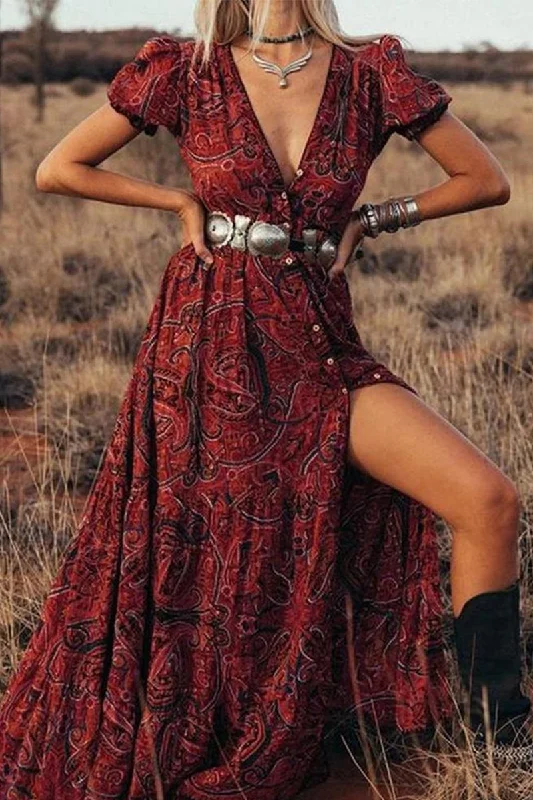 Wisherryy Printed V-Neck Short Sleeve Bohemian Resort Maxi Dress(4 Colors) Classic V-Neck Maxi Dress