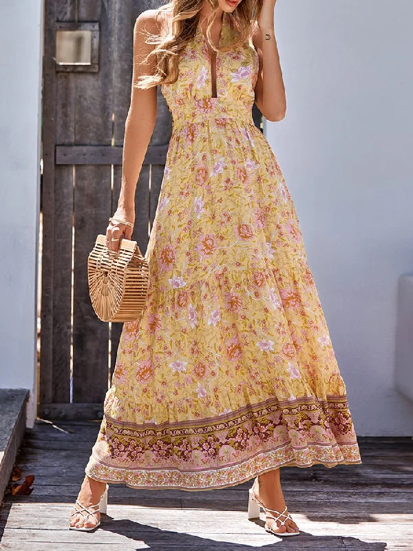 Women's Dresses Bohemia Style Printed Casual Halter Maxi Dress Elegant Maxi Dress with Belt Women's Dresses Bohemia Style Printed Casual Halter Maxi Dress Elegant Maxi Dress with Belt