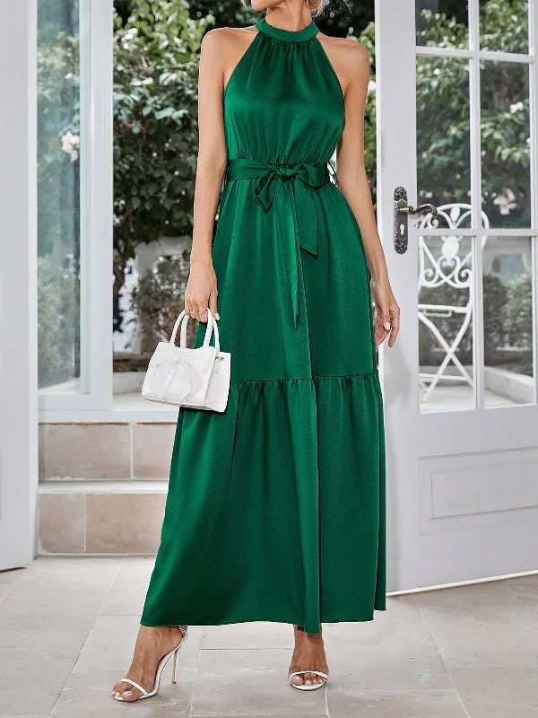 Women's Dresses Casual Neck Hanging Solid Color Waist Closing Maxi Dress Elegant Tiered Maxi Dress Women's Dresses Casual Neck Hanging Solid Color Waist Closing Maxi Dress Elegant Tiered Maxi Dress