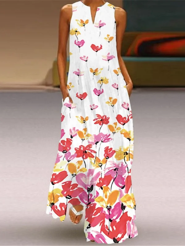 Casual Sleeveless V Neck Colorful Long Maxi Dress Elegant Pleated Maxi Dress