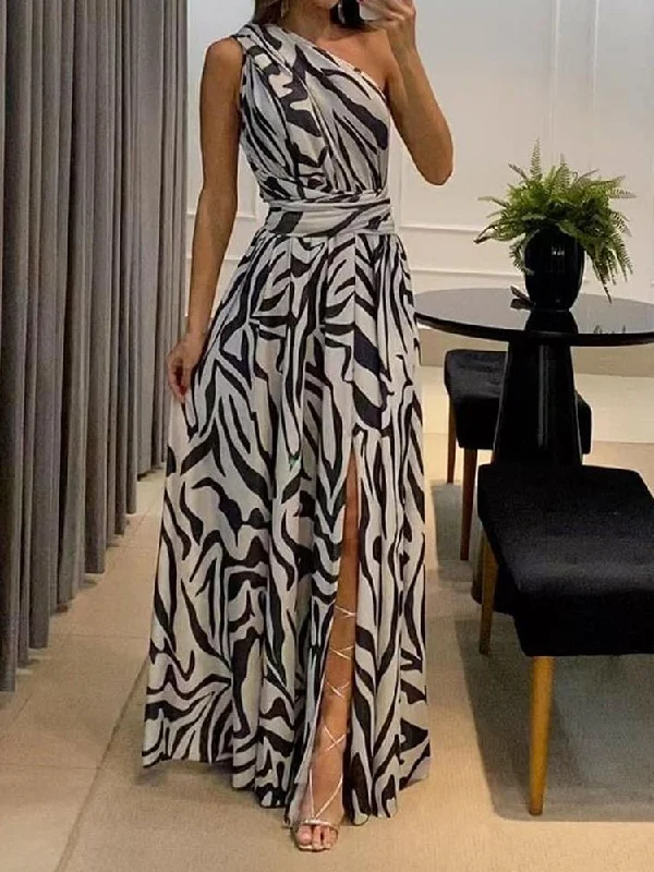 Women's Dresses Sexy Slip Back Printed One Shoulder Sleeveless Maxi Dress Elegant Maxi Dress with Drapes Women's Dresses Sexy Slip Back Printed One Shoulder Sleeveless Maxi Dress Elegant Maxi Dress with Drapes