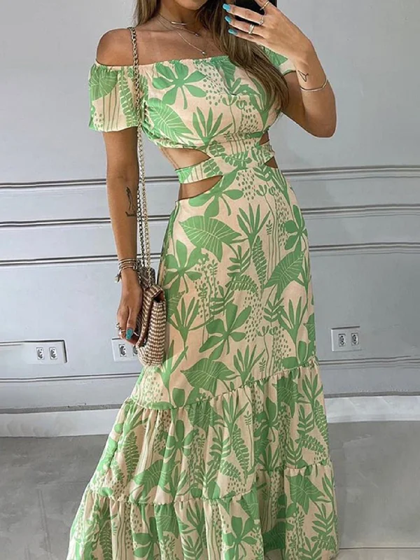 Women's Dresses Tropical Print Off Shoulder Cut Out Maxi Dresses Beachwear Elegant Lace Maxi Dress