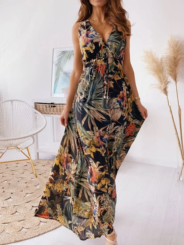 Women's Dresses V Neck Printed Strap Maxi Dress Stylish Off-Shoulder Maxi Dress
