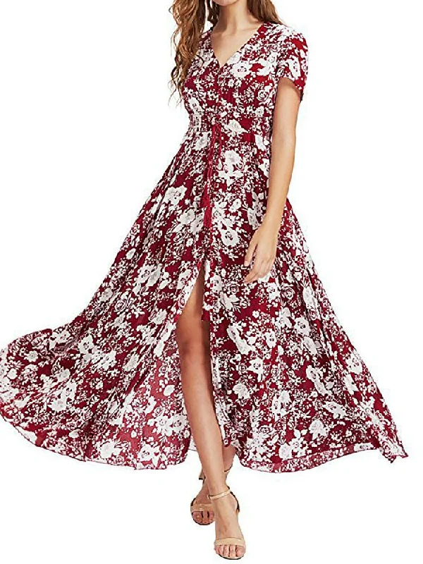 Women's Dresses Vintage Ethnic Pattern V-Neck Loose Maxi Dress Comfortable Maxi Dress with Slits