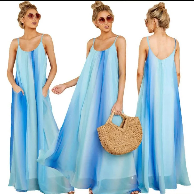 Women's Gradient Chiffon Spaghetti Strap Maxi Dress with pockets Trendy Fit-and-Flare Maxi Dress