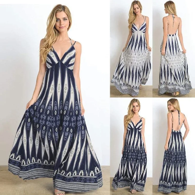 Women's Printed Aztec Halter Boho Luxe Maxi Dress Cozy Longline Maxi Dress